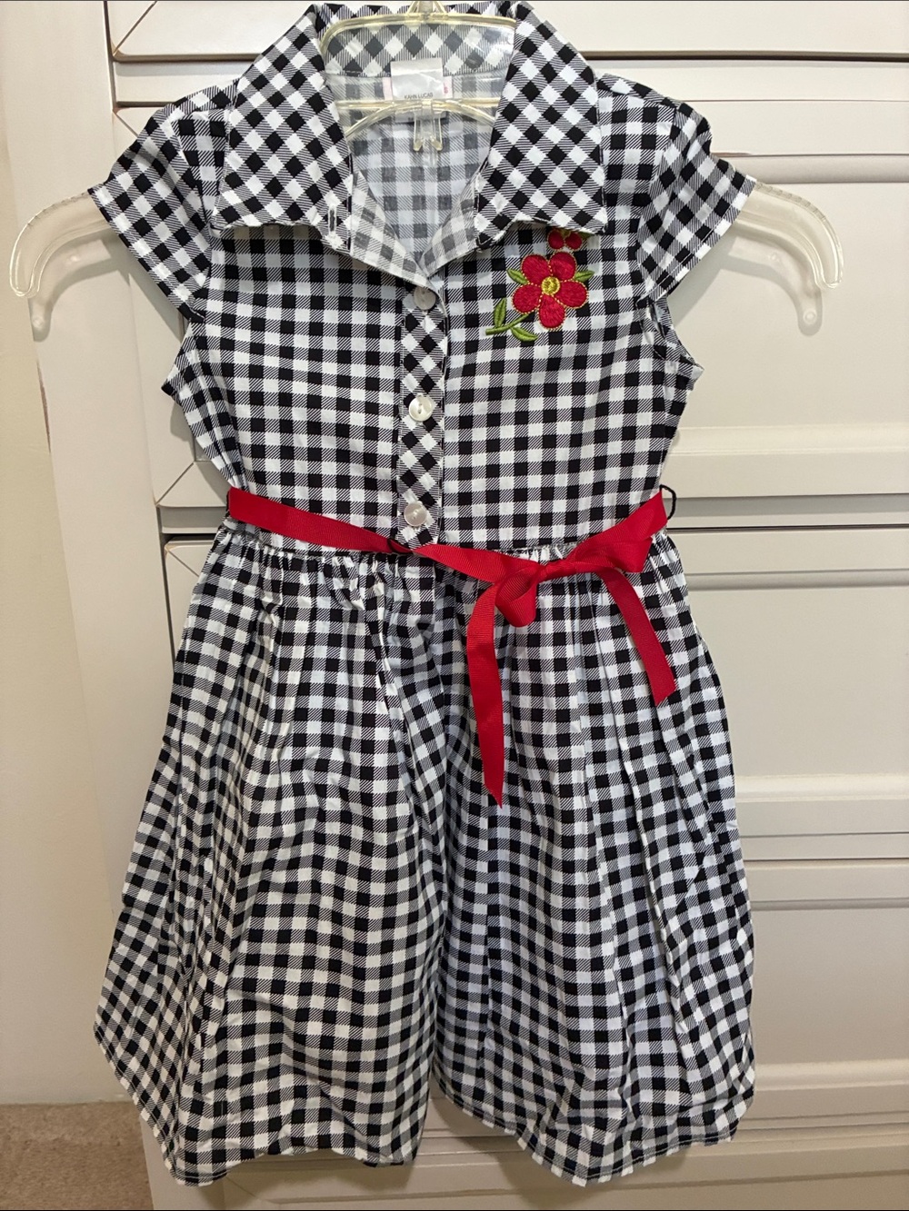 Youngland Black & White Gingham Dress with Red Floral Accent Girls Size 5